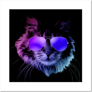 Cool Furry Cat with Sunglasses In Neon Posters and Art